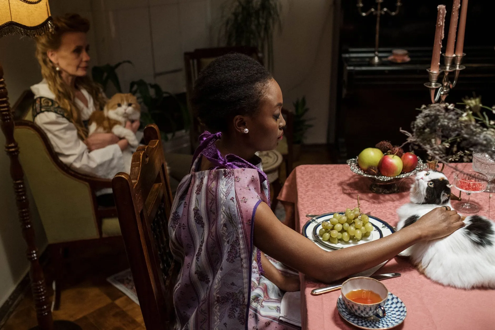 Charming indoor dinner scene with women, cats, and a table set with fruits and tea.