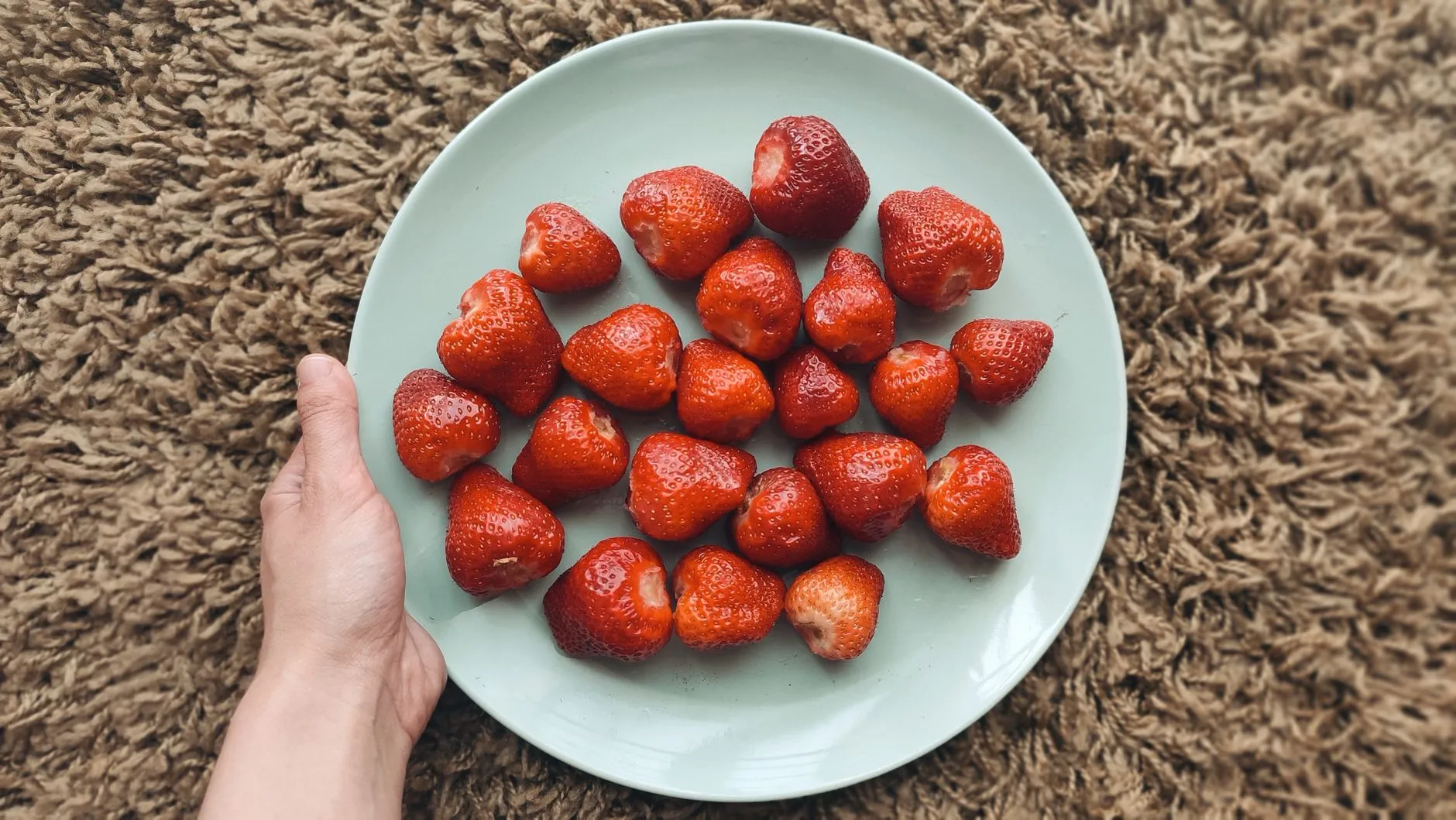 A top-down view of fresh strawberries arranged on a plate, held by a hand.