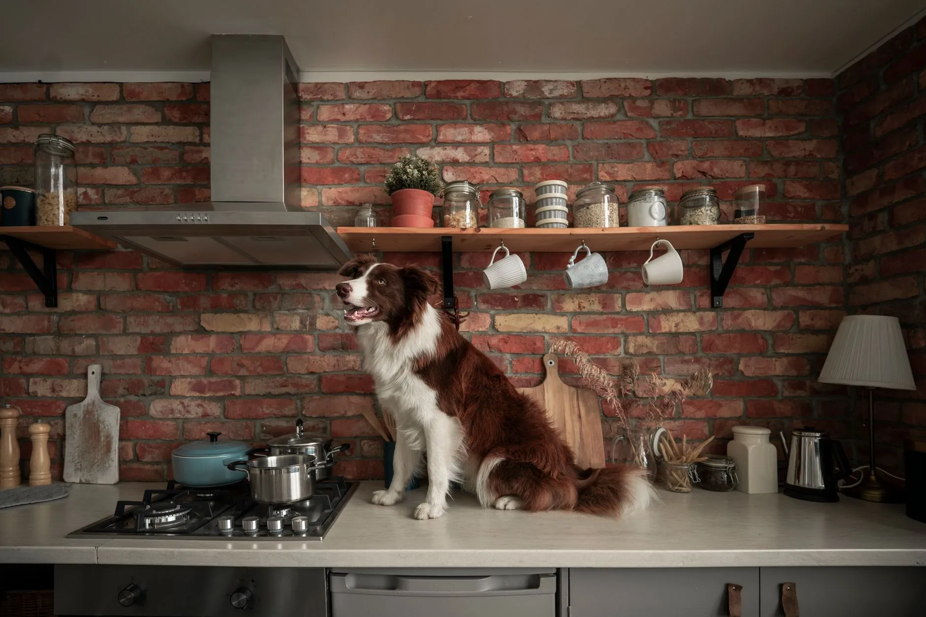 A charming Border Collie sits on a kitchen counter amid contemporary design and cookware.