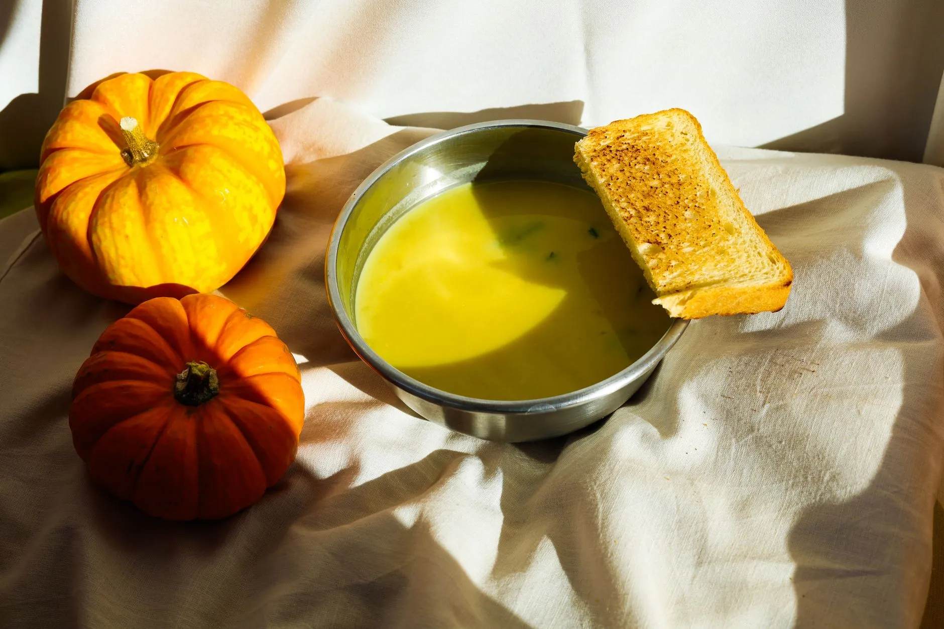Cozy autumn scene with pumpkin soup and grilled bread, perfect for fall meals.